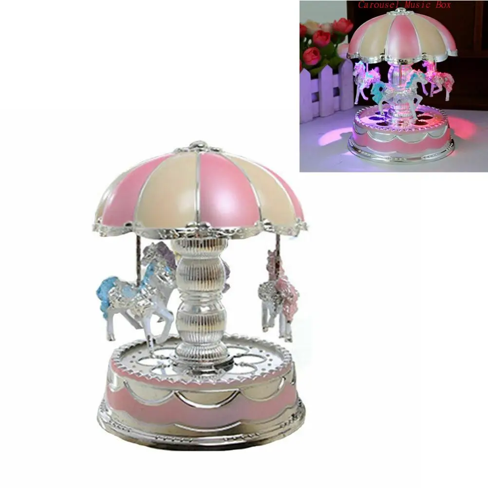 Luxury Carousel Music Box 3 Horses Rotate LED Light Luminous Rotation (Pink)