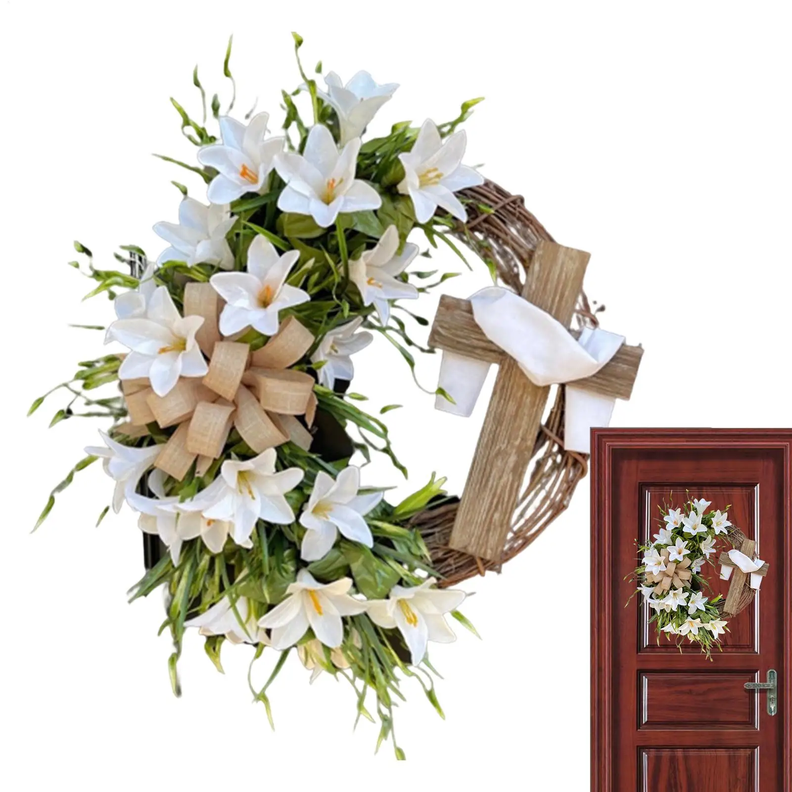 Osterkranz, weiße Lilie, Kreuz, Feiertagsdekoration, Haustürkranz für Eingangsbereich, Küche, Schlafzimmer, Familientreffen, Party, Hochzeit
