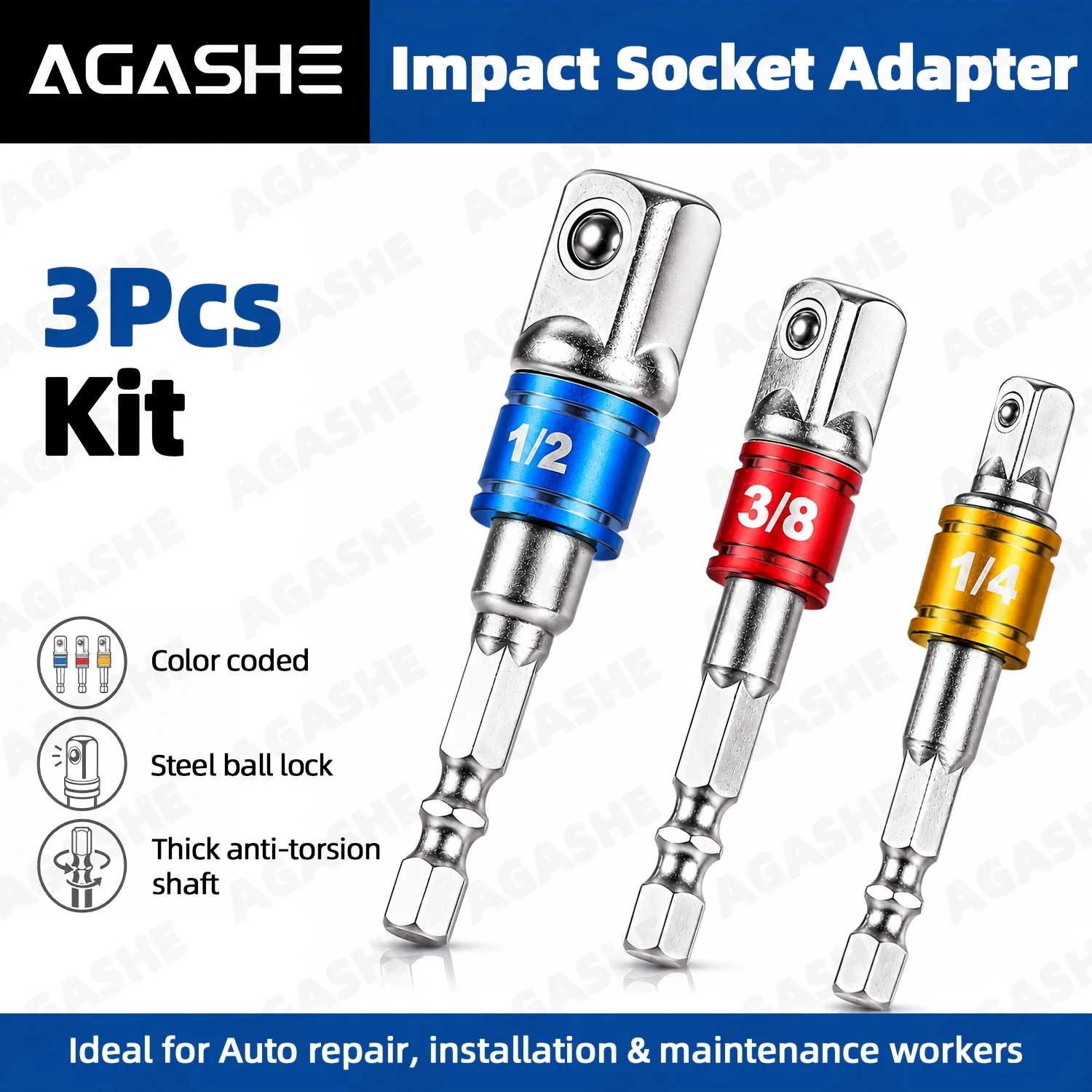 3Pcs Hex Shank Socket Adapter 1/4 3/8 1/2 Inch Color Coded Drill Bit Extension Bar Impact Driver Power Tool Accessory