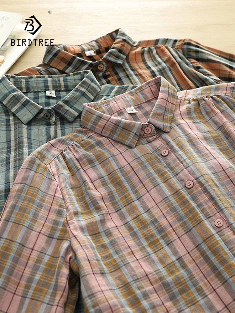 

New 2026 Spring Women Cotton Yarn Long Sleeve Shirt, Turn-down Collar Plaid, Mori Girl Fashion OL Casual Loose Blouse T62528CC