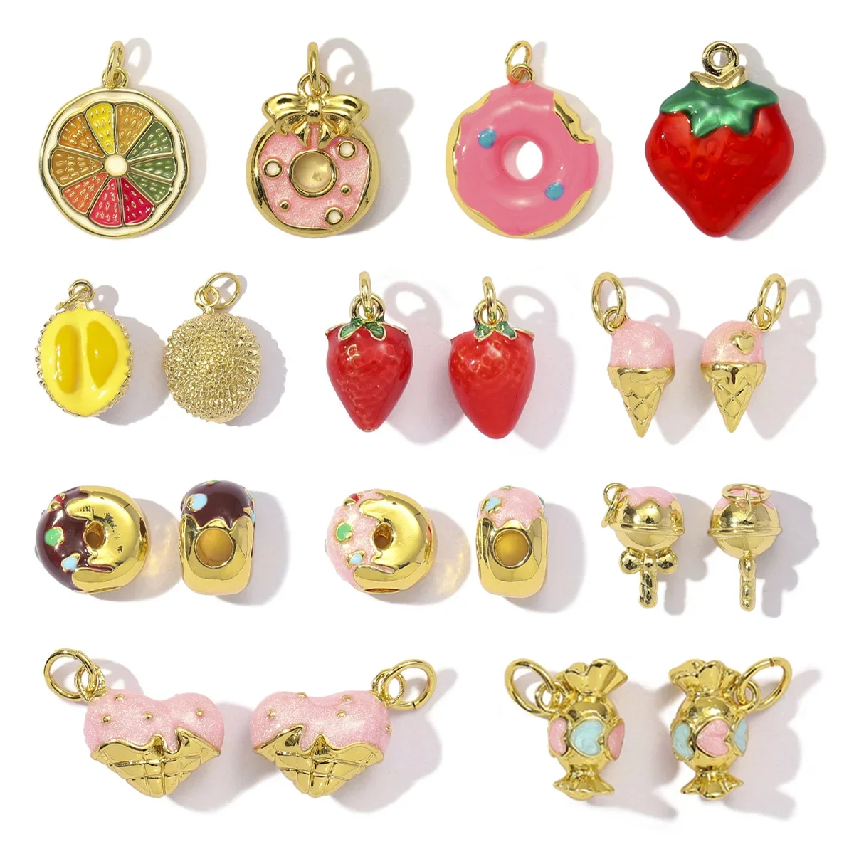 3pcs RedBee Cute Enamel Doughnut Strawberry DIY Charms Women Copper Ice Cream Durian Necklace Pendants Lemon Fruit Jewelry