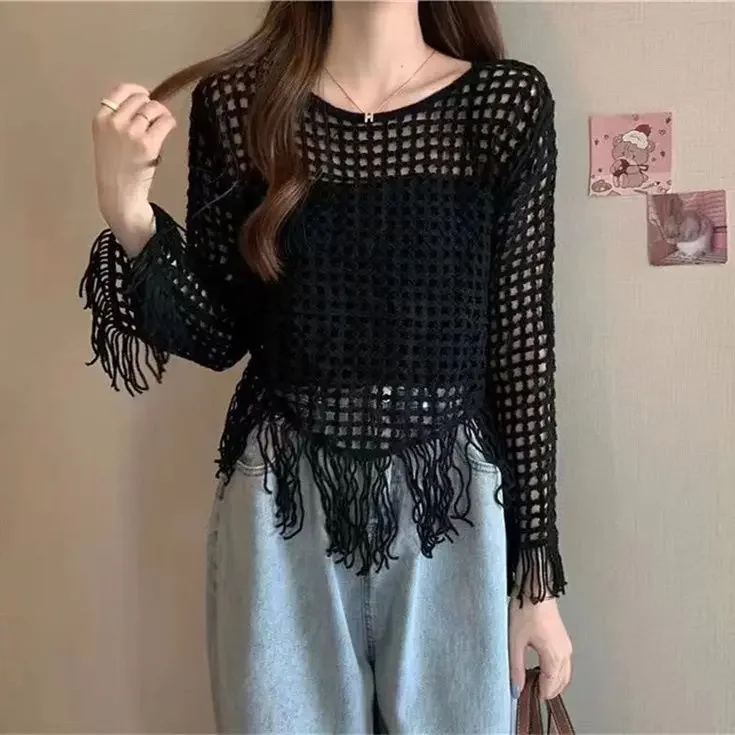 Ladies Fashion Mesh Hollowed Out See-through Pullover Sweater Tshirts Women Sexy Tops Female Girl Casual Knitted T-shirt AA1012