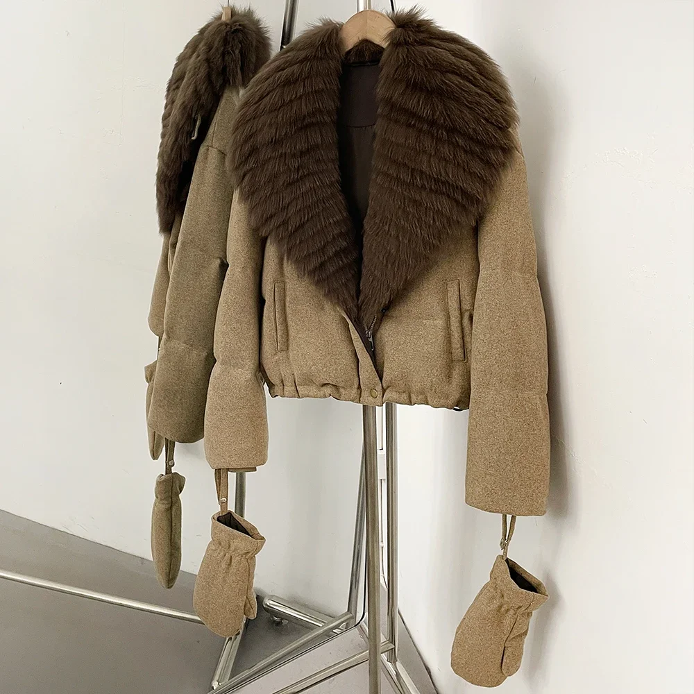 OFTBUY Kleidung mit echtem Pelzbesatz, neuer Daunenmantel mit abnehmbaren Handschuhen, kurze Damen-Woll-Daunenjacke mit echtem Fuchspelzkragen – Detail 17