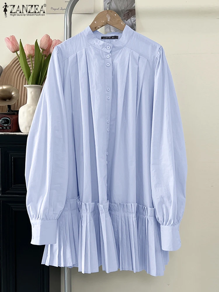 

ZANZEA Women Long Shirts Vintage Blusas 2025 Long Sleeve Pleated Tops O Neck Casual Loose Tunics 2025 Fashion Buttons Cardigans