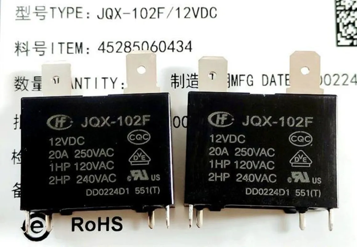 5PCS  JQX-102F T-12VDC 20A air conditioning water heater relay HF102F  JT102F  