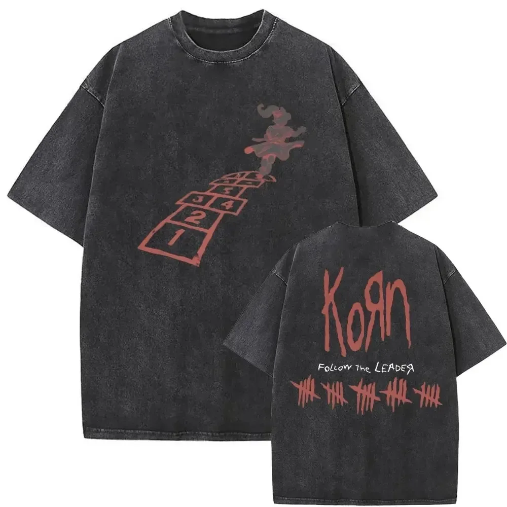 Camiseta gráfica vintage lavada del álbum Follow The Leader de Korn - Camiseta unisex gótica nu-metal informal de gran tamaño para hombres y mujeres