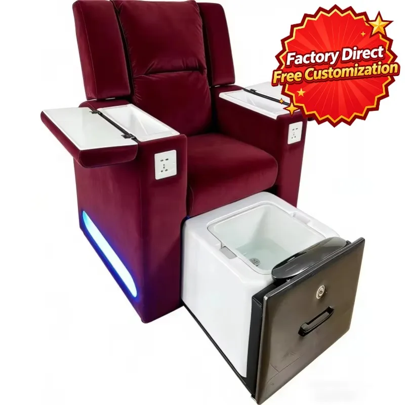 Space Saving Pedicure Chair Burgundy Velvet Manicure Nail Chair with Foldable Tray USB Charging Port Pull-out Drawer Foot Bath