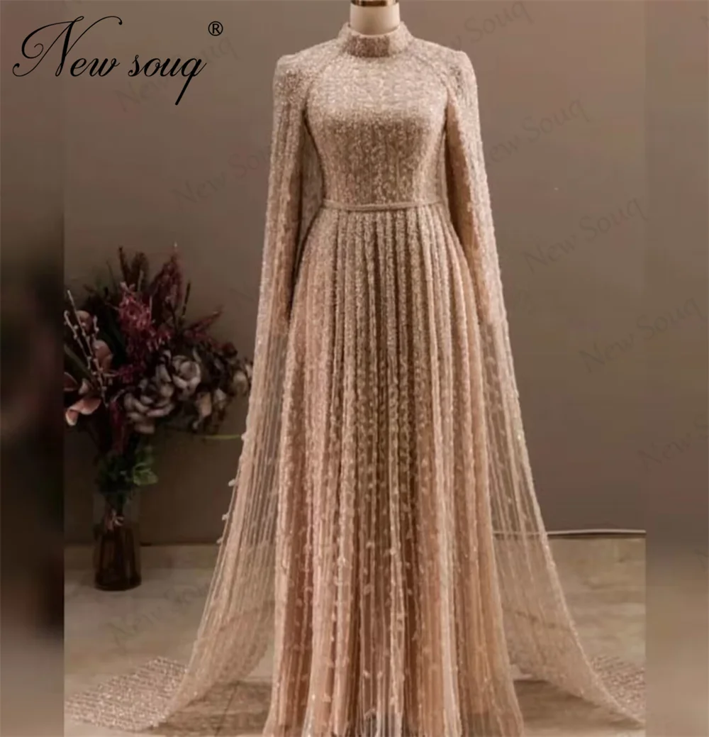 

Customize Cape Sleeves Evening Dresses Handmade Beading Dubai Prom Dress Luxury Arabic Birthday Party Gowns Vestidos de Noche