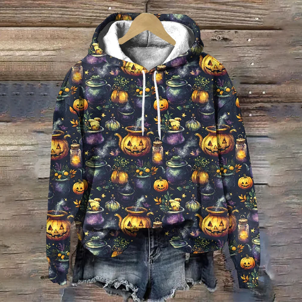 Hoodies estampados de cabeça e fantasmas de abóbora feminino, tops soltos, capuz halloween, pulôver, tendência da moda outono