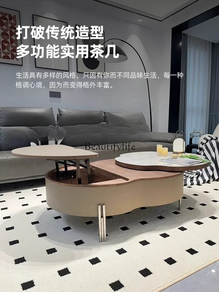 Microlite Coffee Table Living Room Lifting Rotating Saddle Leather Coffee Table