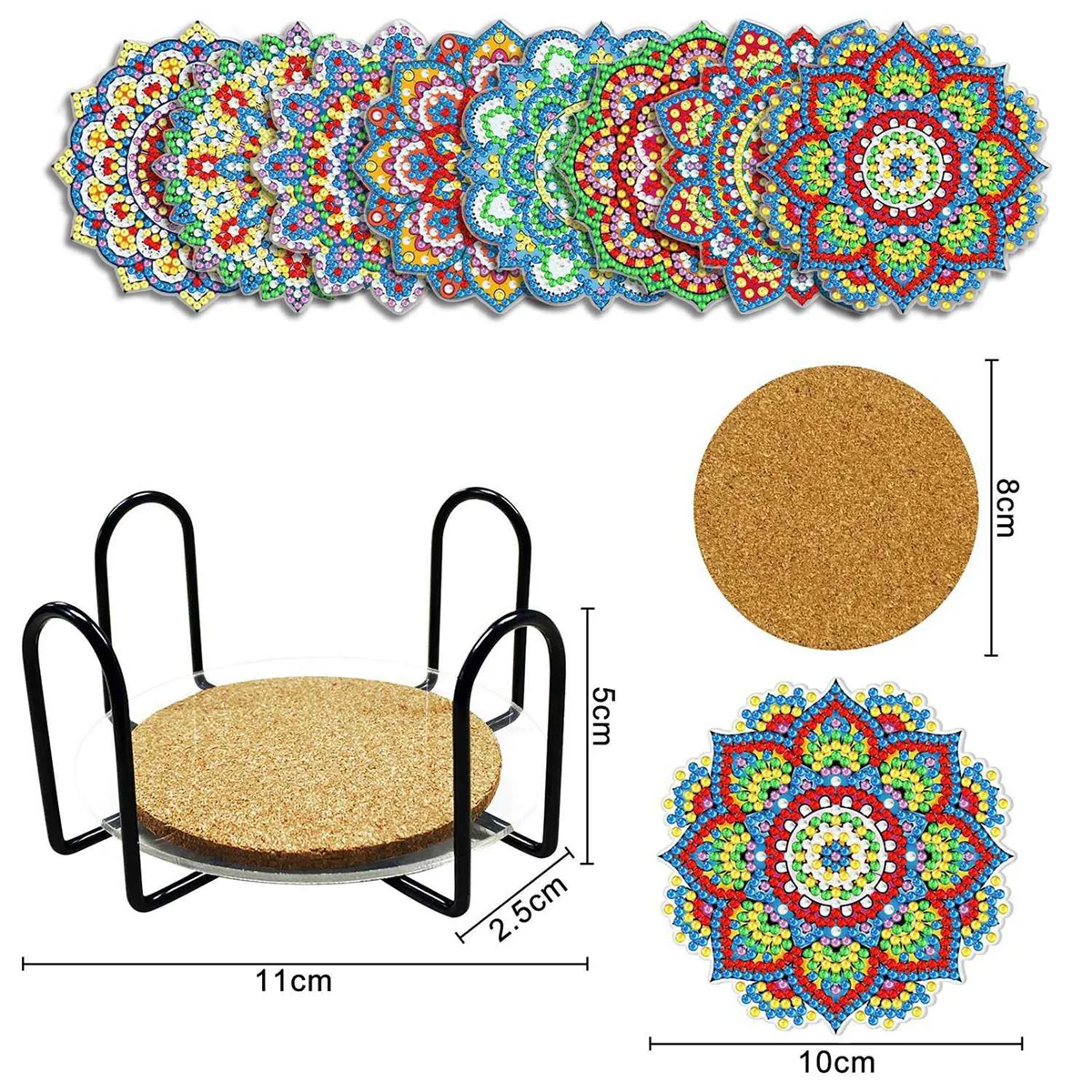 قواعد أكواب A75K مكونة من 8 قطع، مجموعات قواعد أكواب فنية ماندالا الماسية مع حامل، مجموعات DIY للبالغين
