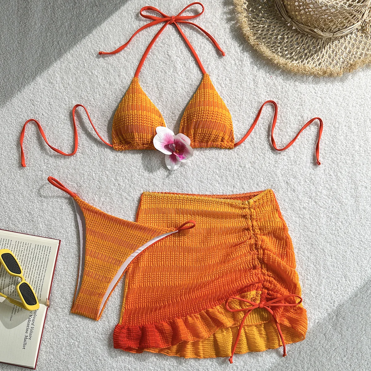 

Сексуальные 3D-бикини с цветочным градиентом, комплекты из трех предметов с рюшами, мини-юбкой на завязках, купальники, пляжная одежда.