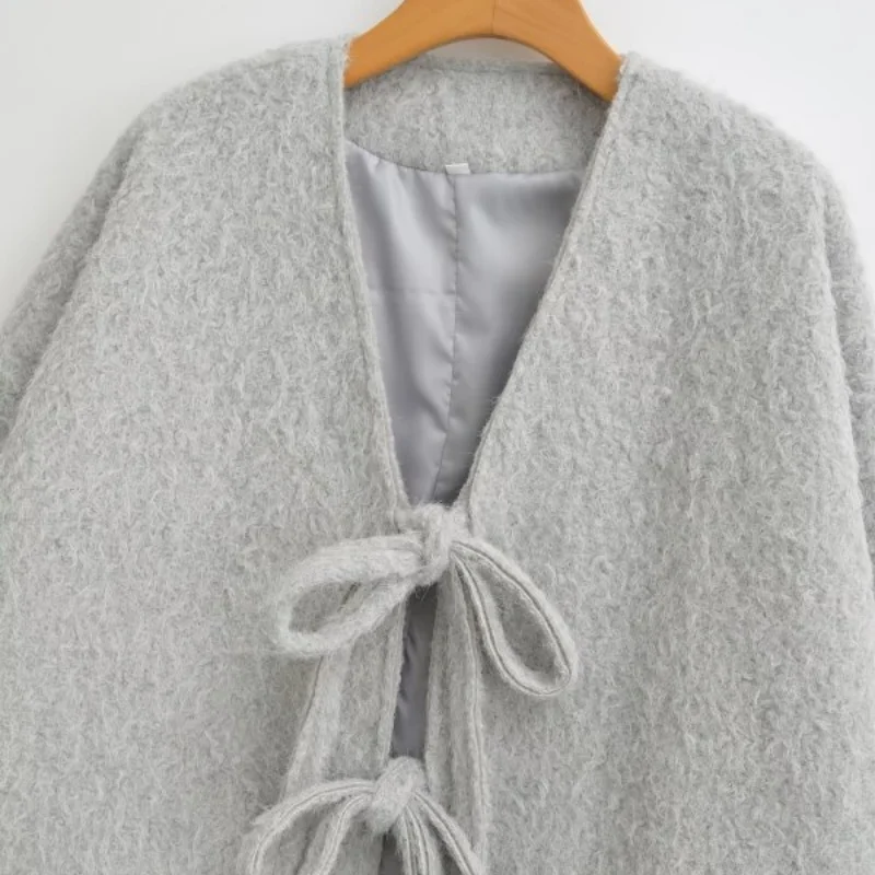 Cardigan in tessuto di lana da donna caldo autunno inverno Cappotto sexy con fiocco casual Abbigliamento da donna Maniche lunghe larghe Top femminili morbidi