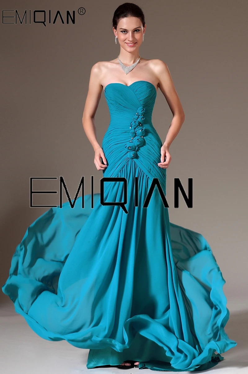 Strapless Mermaid Evening Dress Sweetheart Hand made Flowers Prom Gown Dress