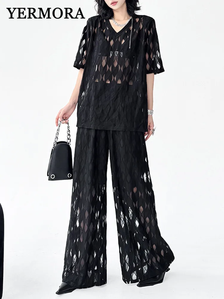 

YERMORA Women Two Pieces Set Black Hollow Out Lace Casual T-shirt Loose New Wide Leg Pants Fashion Tide Spring Summer 2025