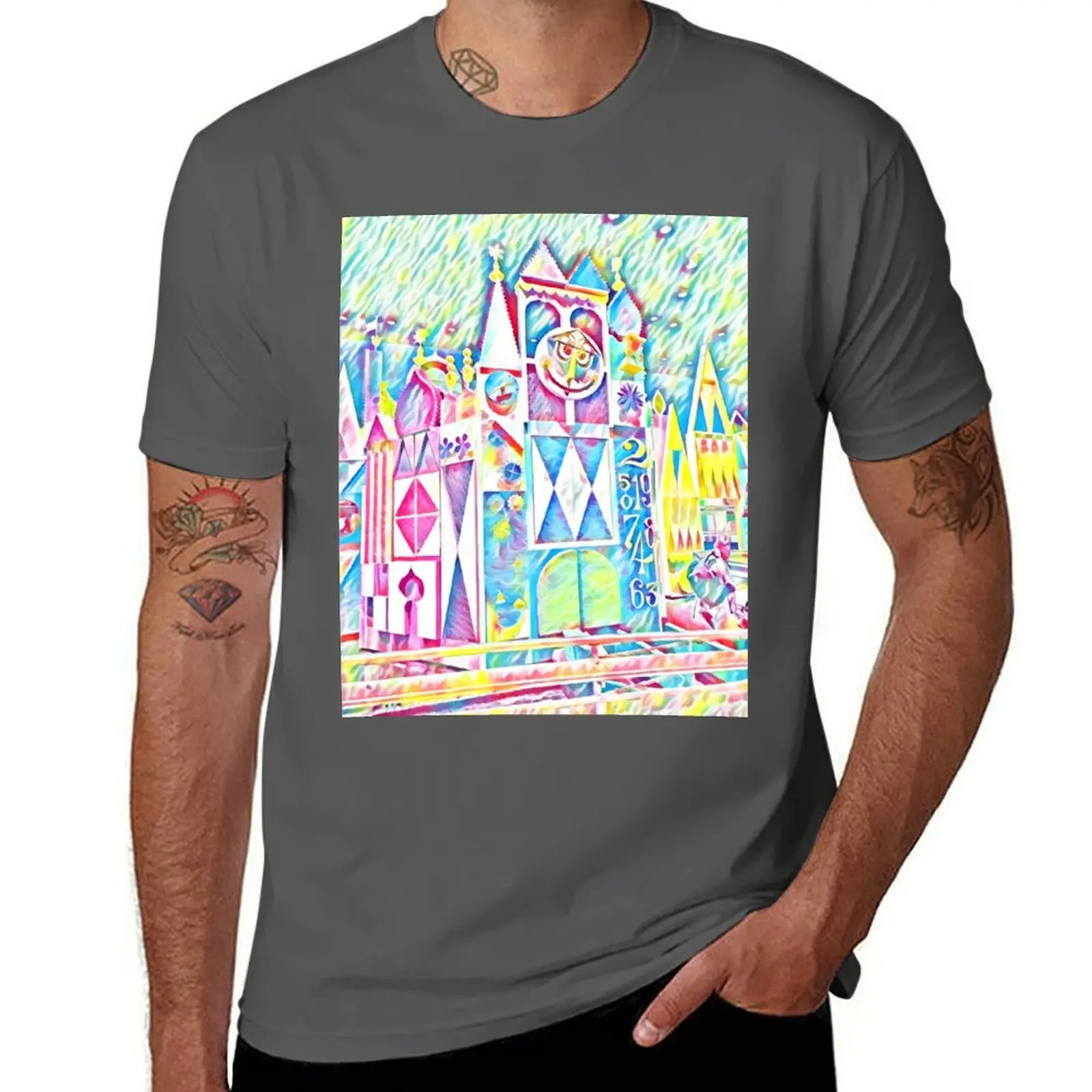 

Small World Clock Colorful Painting T-Shirt man t shirt cotton high quality graphic t shirts for man T-Shirt