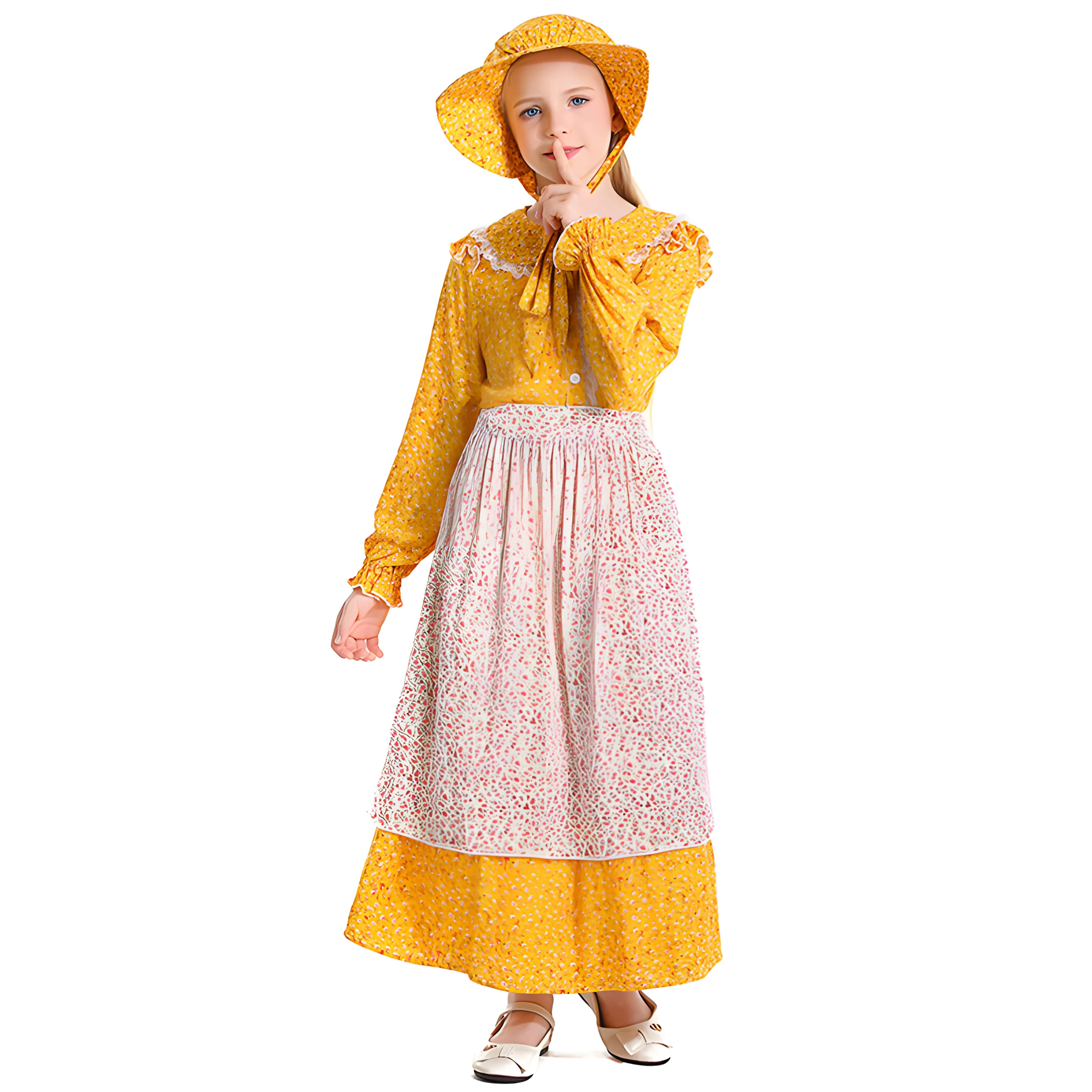 Costume For Girls Yellow Floral Print Pastoral Girl Dress Kid Drama Stage Performance Skirts Children Halloween Cosplay Costume