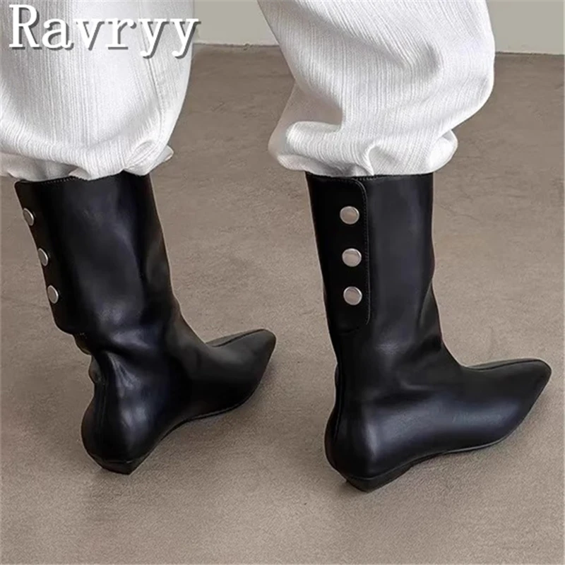 

Square Toe Heel Sleeve Middle Calf Boots Women Fashionable New Solid Color Genuine Leather Button Chelsea Boots