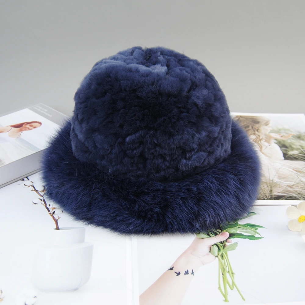 Hot Sale Women Winter Warm Knitted Real Natural Fox Fur Hat Bowler Solid Rex Rabbit Fur Caps Beanies Lady Real Fur Hat Skullies