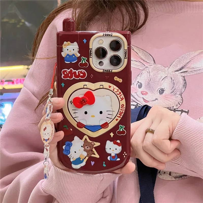 Capa para Celular Hello Kitty com Pingente de Espelho, Kawaii, Protetora, Anime, Engraçado, Moda, Sanrio, iPhone 11, 12, 13, 14, 15 Pro Max