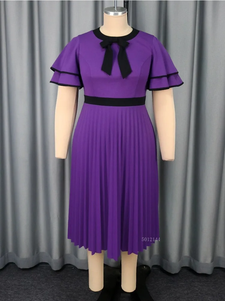 Plus Size Elegant Round Neck Bow Pleated Skirt Double Layer Ruffle Sleeve Waist-cinching Party Dress Dress Robe Vestido Women
