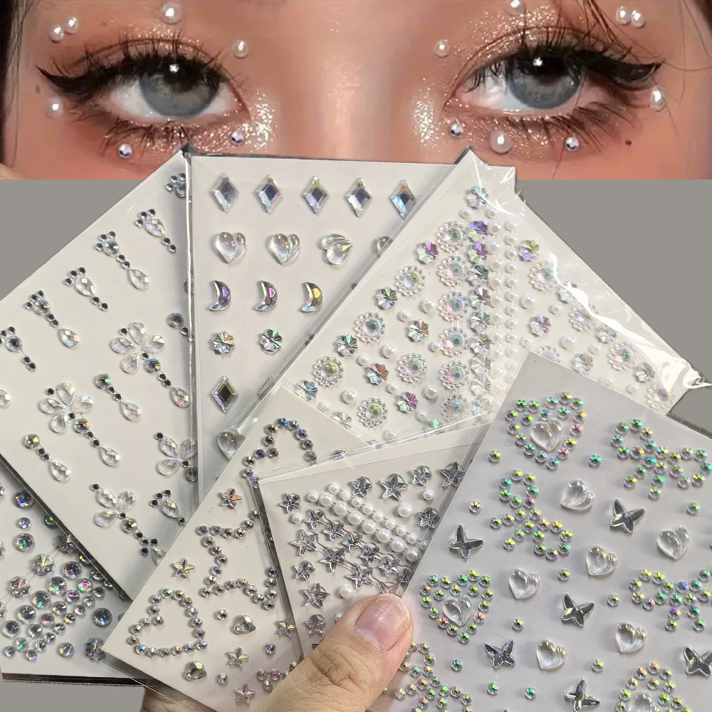 1pcs Aurora Sparkle Stars Diamond/Pearls Face Gems Stickers Heart Moon Shaped Rhinestones for Girls Festival Decoration Stickers