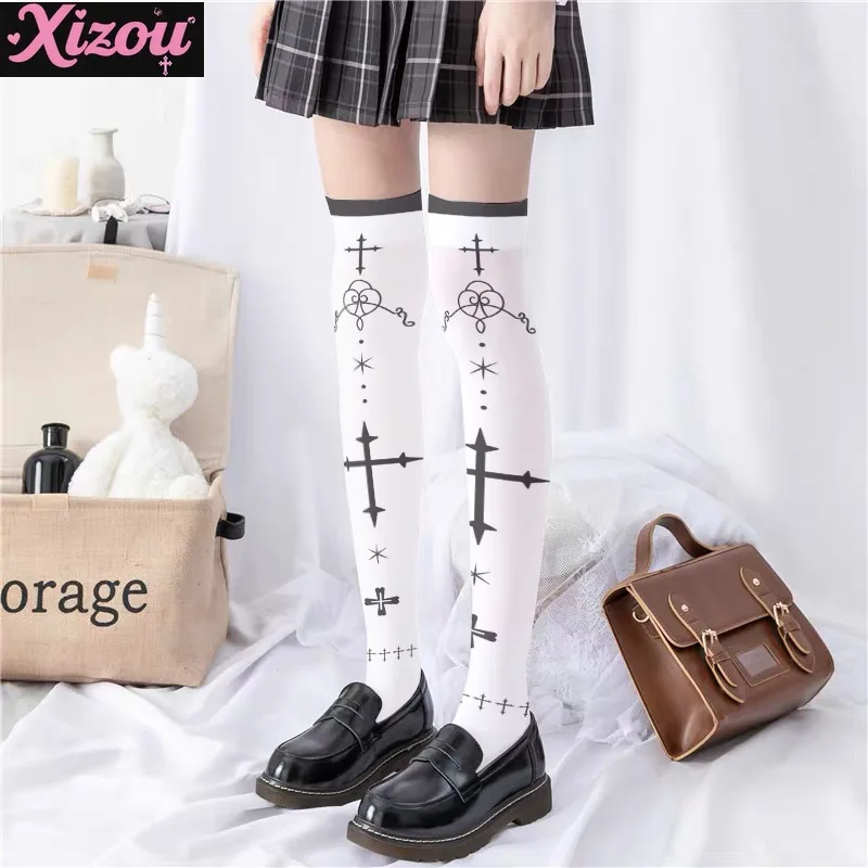 Japanese Yabi y2k printed stockings thin women's spring autumn Lolita cute sweet anime kneee-length white velvet socks female