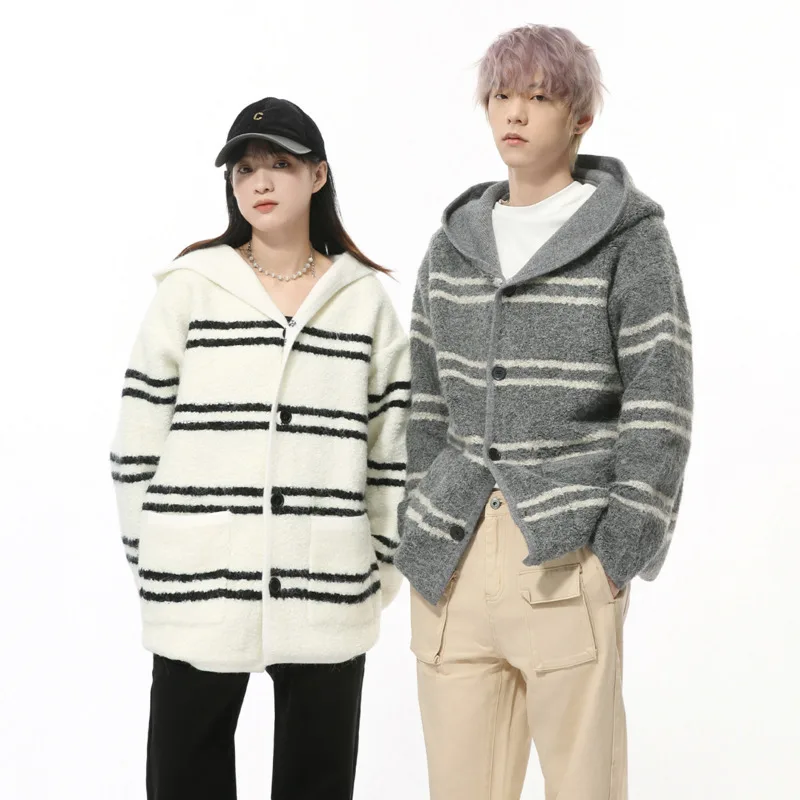 2025 Spring Men's Hooded Cardigan Single Breasted Knitting Loose Sweaters Casual Striped Male Tops Korean Style