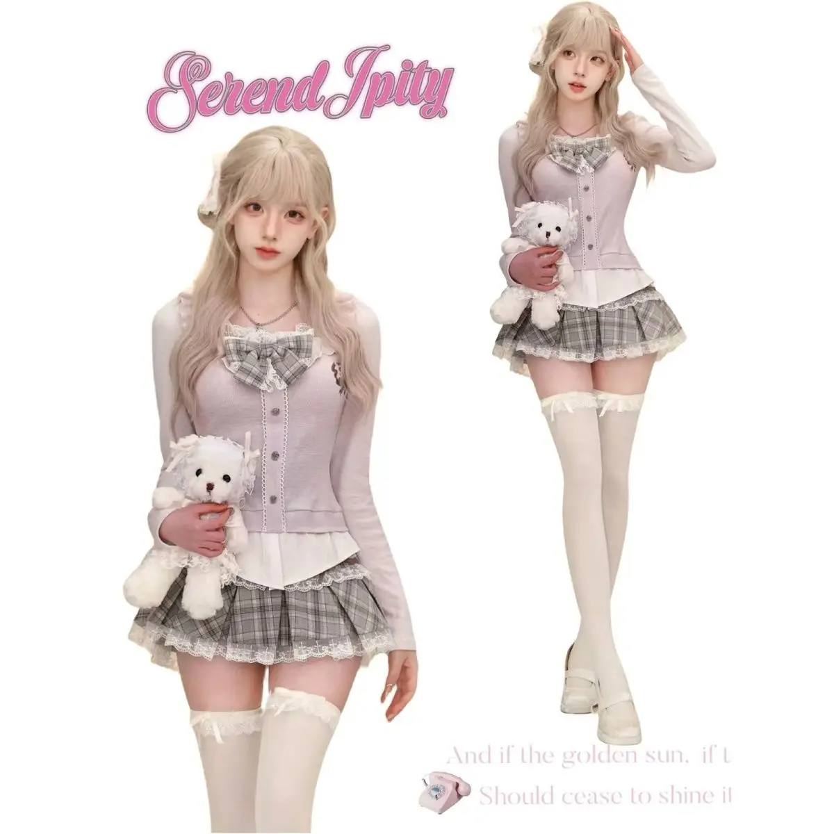 

Japanese Sweet Lolita 2 Piece Sets Women Retro Off Shoulder Bow Blouse Tops Plaid Cake Mini Skirt Girls Kawaii Y2k Slim Outfits