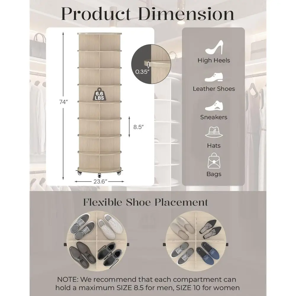 8-Tier Rotating Shoe Rack Organizer with 4 Casters, Natural, 23.6x23.6x74 view 3