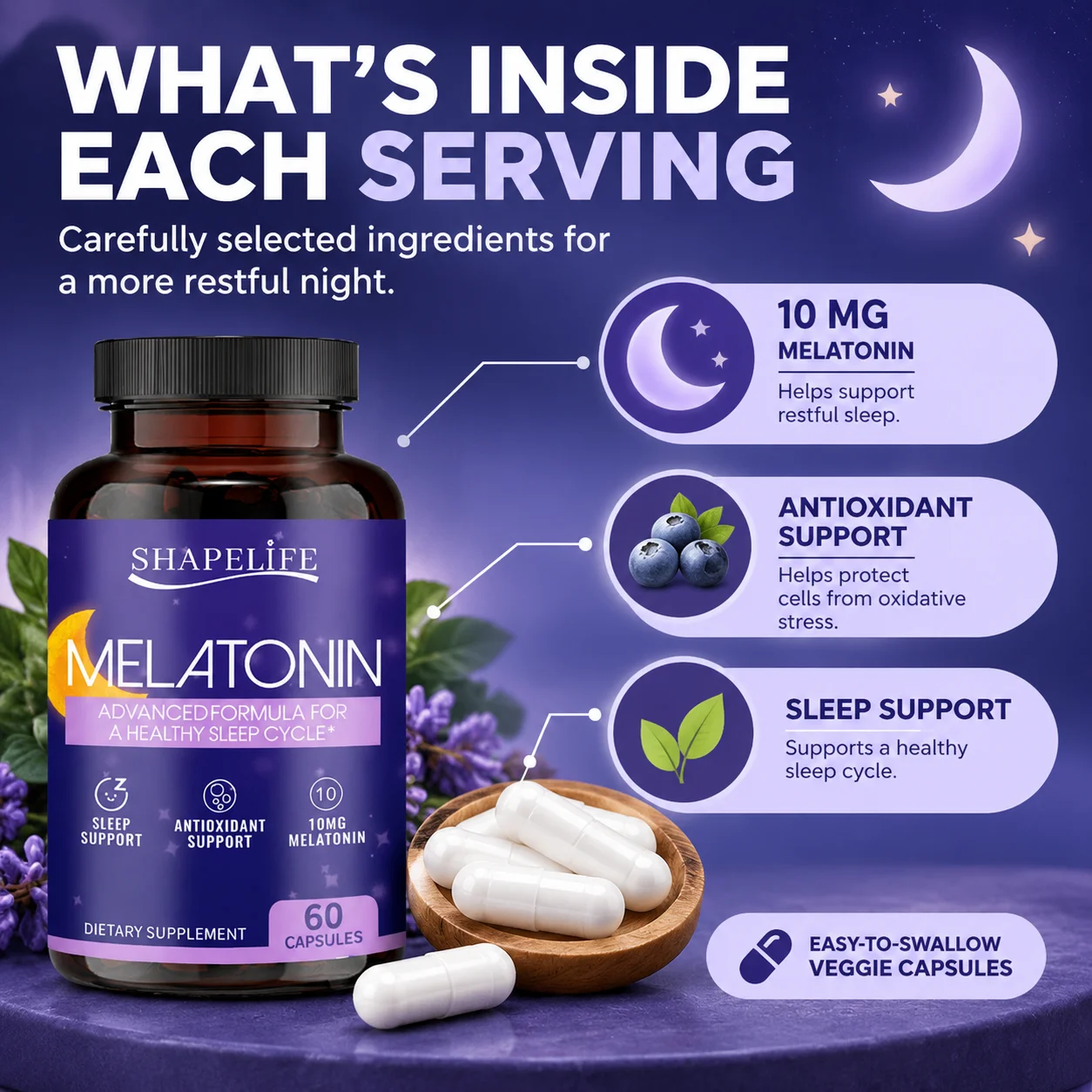 Melatonin Capsules, Supports Restful Sleep & Promotes Relaxation, with 10mg Melatonin & Antioxidant Support, 60 Veggie Capsules