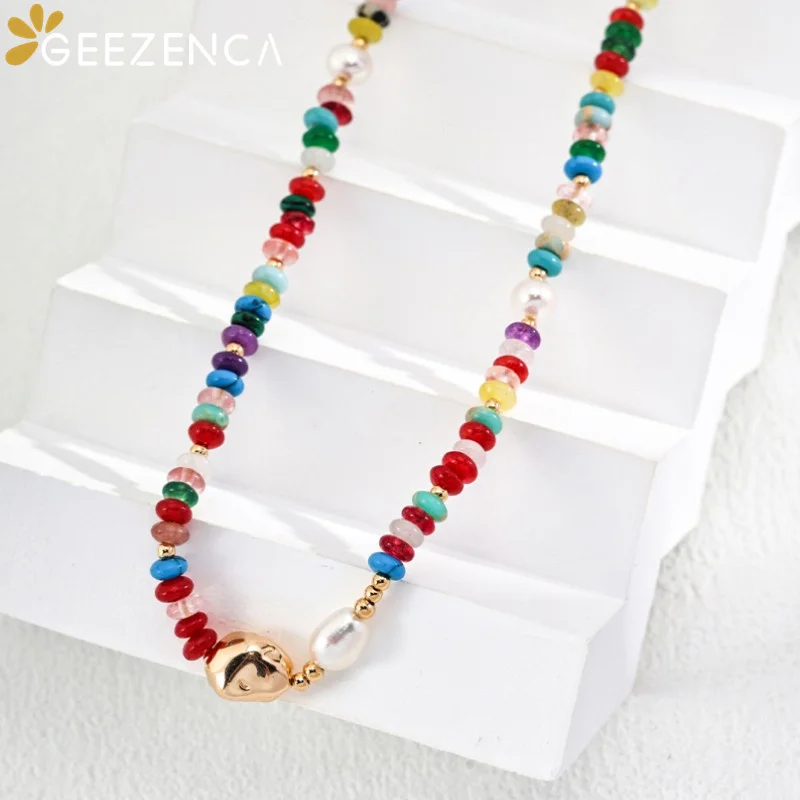 GEEZENCA 925 Silver Pearl Multi Color Stone Beads Strand Necklace For Women 18K Gold Chic Luxury Chokers Necklaces 2024 New Gift