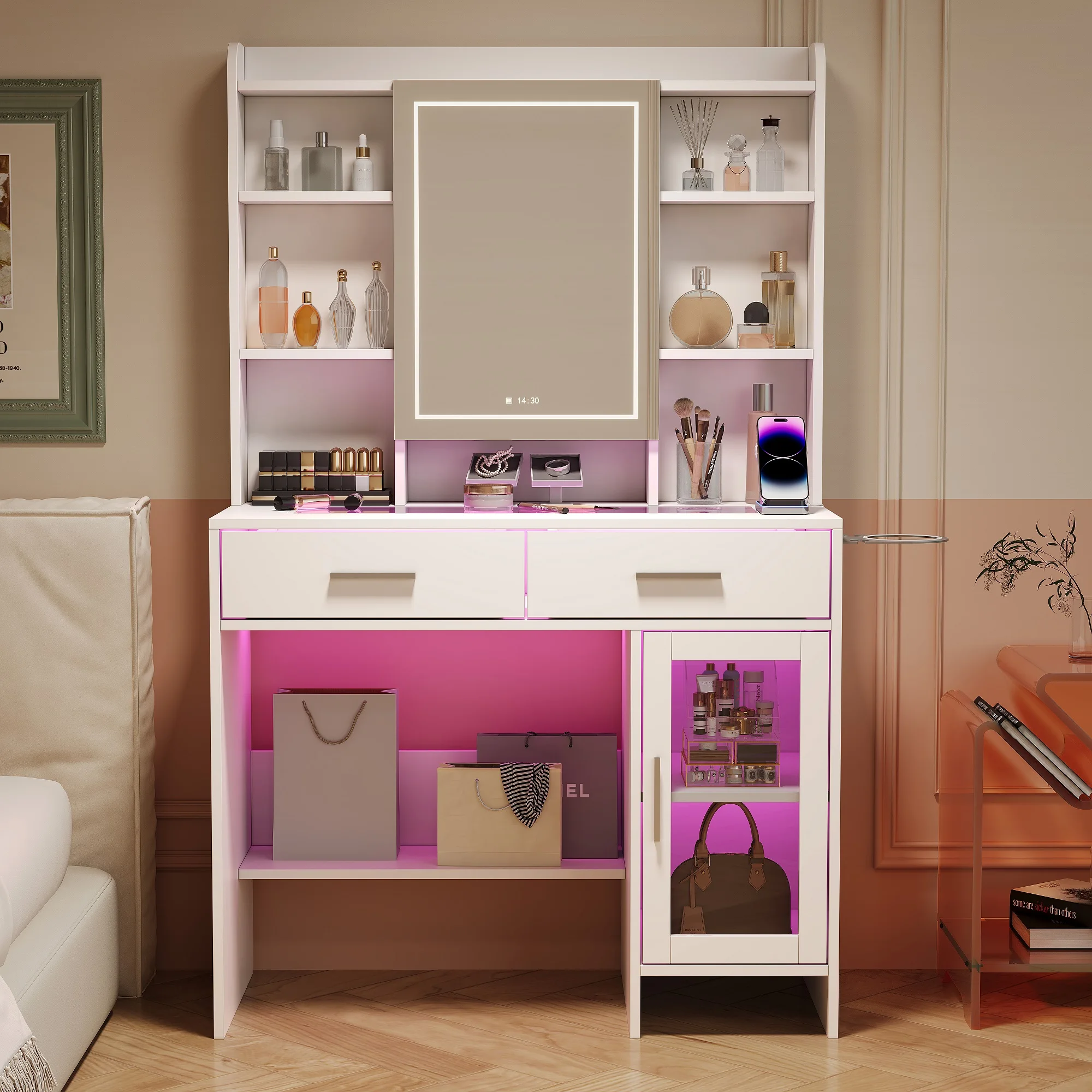 Coiffeuse Fangange avec miroir LED, coiffeuse moderne en bois avec tabouret, ensemble de vanité LED, multi-tiroirs et compartiment de rangement