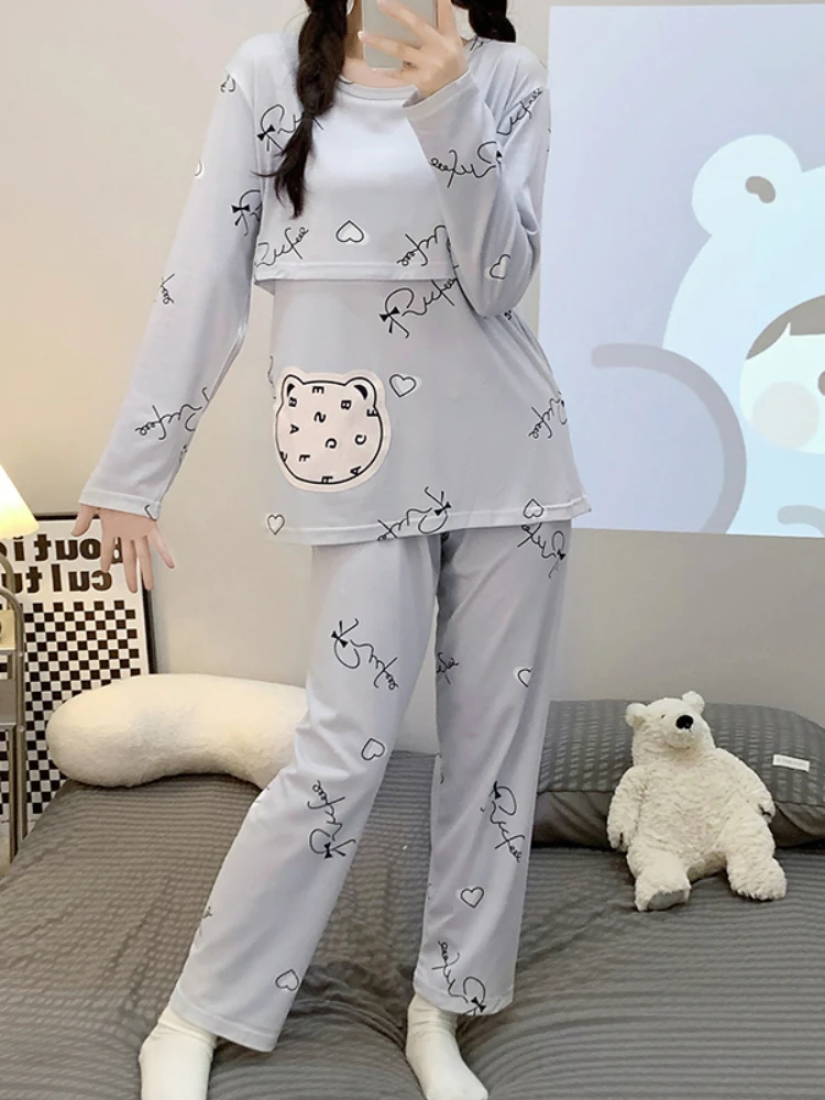 2024 Autumn Postpartum Woman Breastfeeding Clothes Set Long Sleeve Lactation Top+pants Twinset Maternity Nursing Pajamas Sets