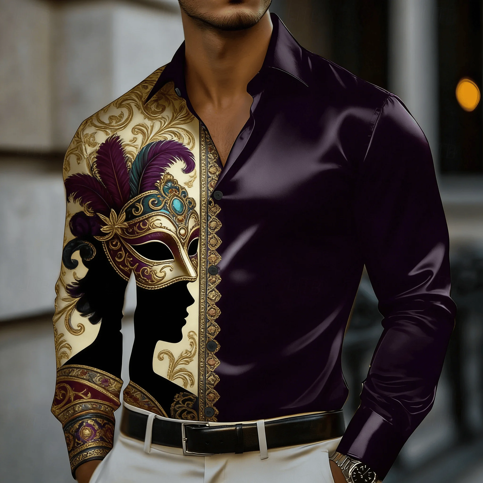 

Men's Purple Gold Venice Mask Print Men's Lapel Shirt, Spring Summer Retro Royal Style Top