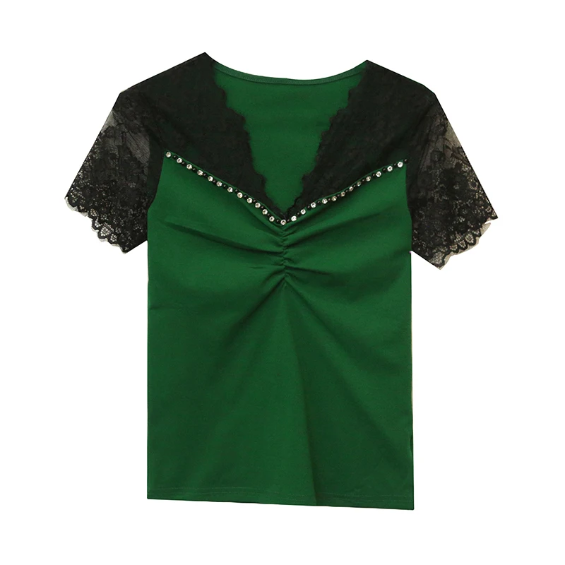 2025 été nouvelle mode Patchwork dentelle chemise à la main perlée femmes t-shirt mince coréen à manches courtes décontracté hauts