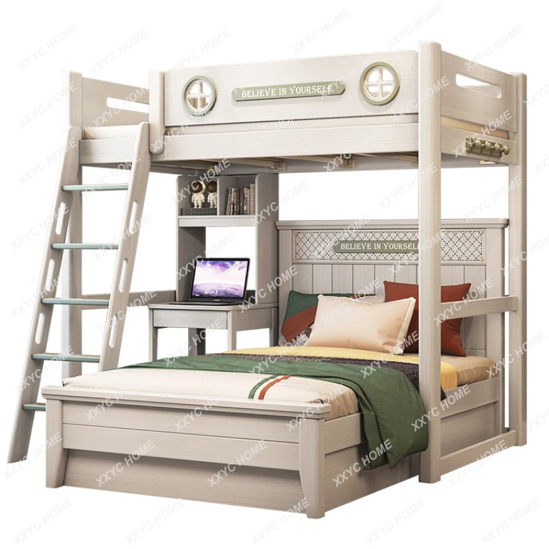 Solid Wood Children's Room Height-Adjustable Bed Small Apartment Staggered Bunk Bed Bunk Bed Combination Bed with Wardrobe