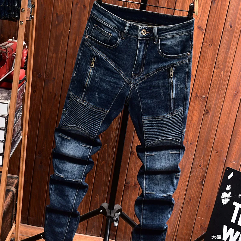 New style jeans with men zipper decoration motorcycle slim fit straight tube trendy high-end elastic casual biker denim pants