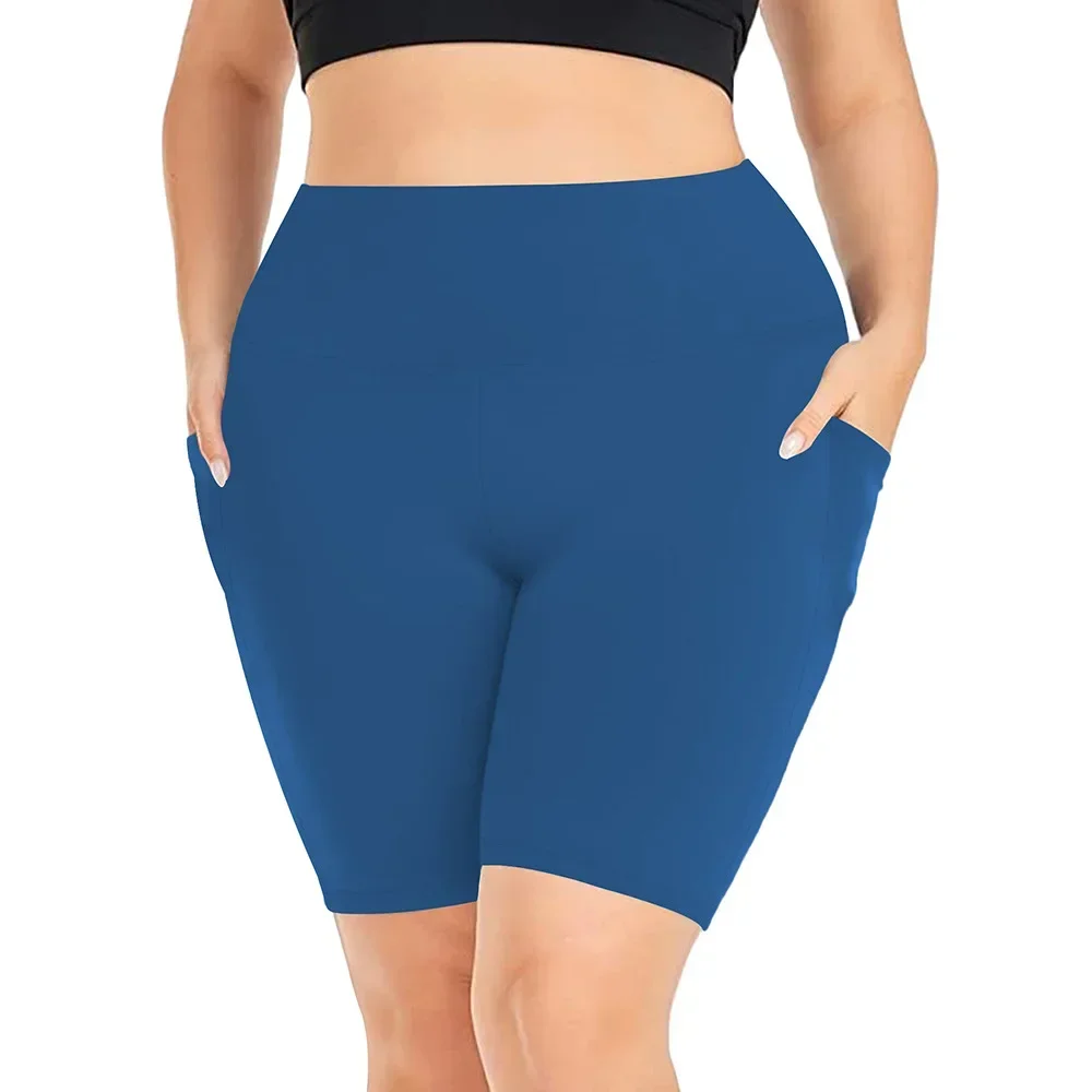 Damen-Yoga-Shorts mit hoher Taille, Übergröße, Workout-Leggings mit zwei Taschen, Stretch, europäischer Stil, Activewear für Fitnessstudio und Freizeit – Detail 10