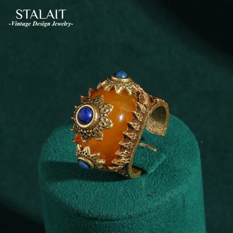 

Vintage Blue Gold Color Sun Rings Yellow Stone Simple Party Luxury Mother's Day Gift Antique Jewelry Accessories for Women New