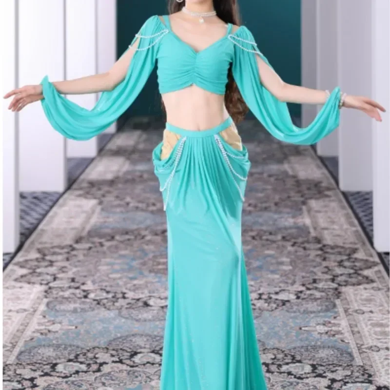 

Belly Dance Clothing for Women Mesh Pearls Sleeves Top+long Skirt 2pcs Girl's Oriental Costumes Set Female Practice Wear Outfit