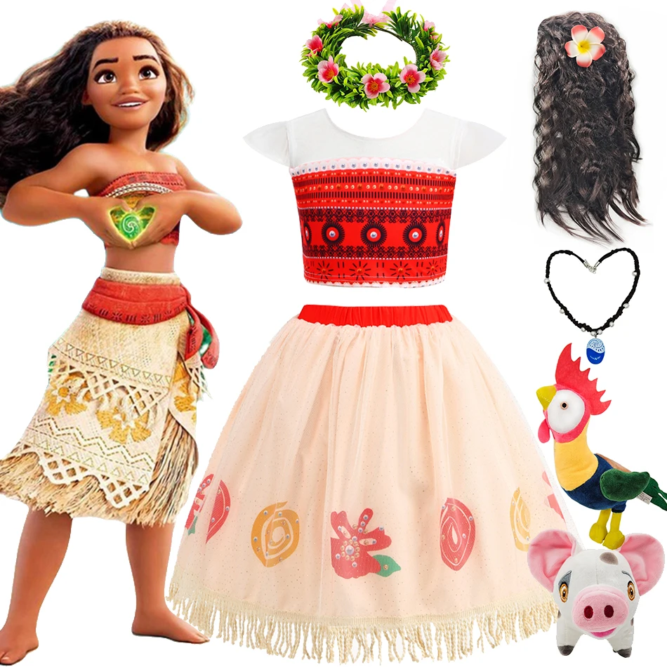 Disney Princess Moana Costume Girls Tassel Tops Skirt 2 Pcs Sets Kids Cartoon Print Outfits Carnival Purim Fantasy Clothes