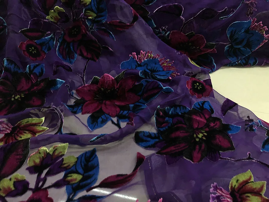 Designer Cloth Royal Blue Silk Real Velvet Fabric Dark Green Non-Inverted European and American Style Floral Printed
