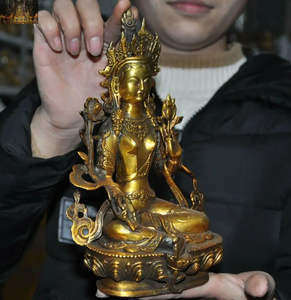 Old Tibet Buddhism Bronze gilt Green tara Goddess Kwan-yin Guanyin Buddha Statue