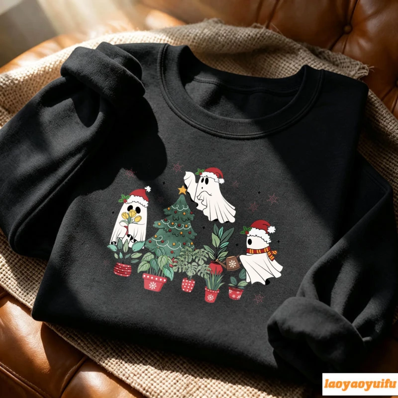 Cute Santa Hat Ghosts Gardening Planting Potted Plants Decorating Christmas Tree Festive Plant Lover Cartoon Pullover Casual Top