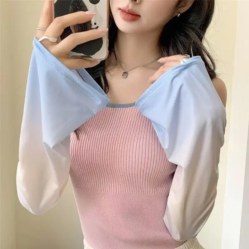 Set di maniche di protezione solare con supporto in colore sfumato con maniche di ghiaccio, manica a tromba in seta di ghiaccio da donna, protezione UV esterna, braccio estivo