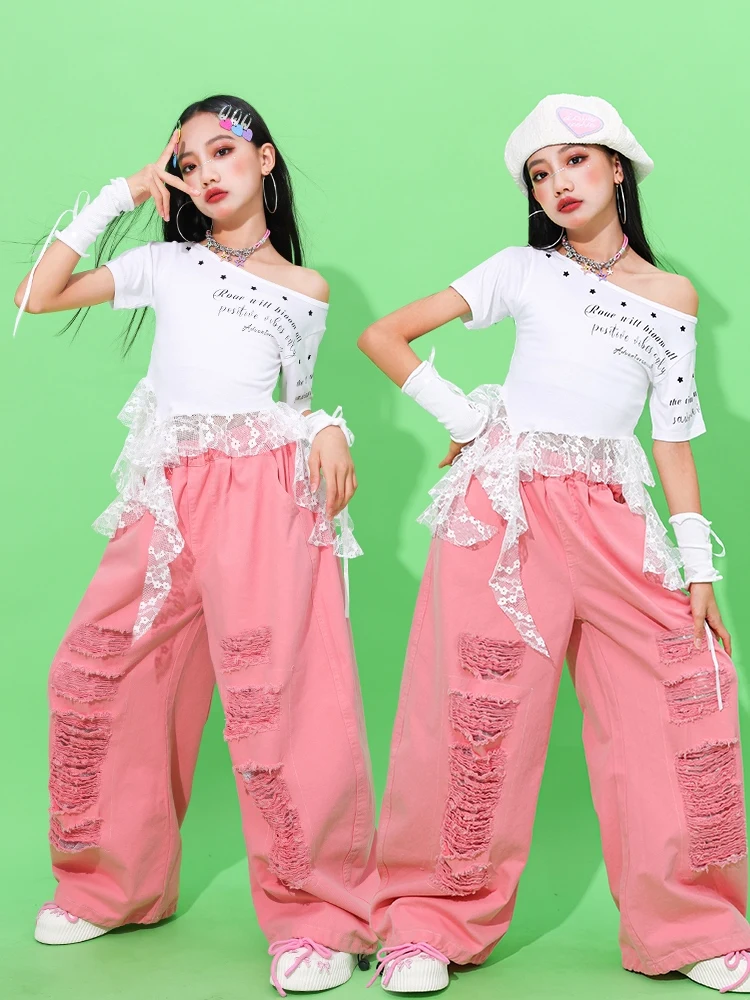 สาวแจ๊ส Hip Hop Dance เครื่องแต่งกายเสื้อลูกไม้สีขาวกางเกงสีชมพู Street Dance ชุดแขนสั้นประสิทธิภาพเสื้อผ้าชุด BL16720