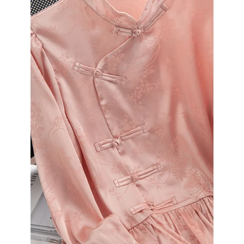 2024 Spring New Models Chinese Style Pink Buttoned Shirt Literary And Artistic Retro Lady Long Sleeved Tops Available In Pink