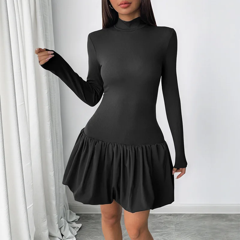 Minivestido elegante de manga larga con cuello alto y volantes para mujer, vestido de fiesta liso ajustado de cintura alta, corte en A, ropa de calle, otoño 2025