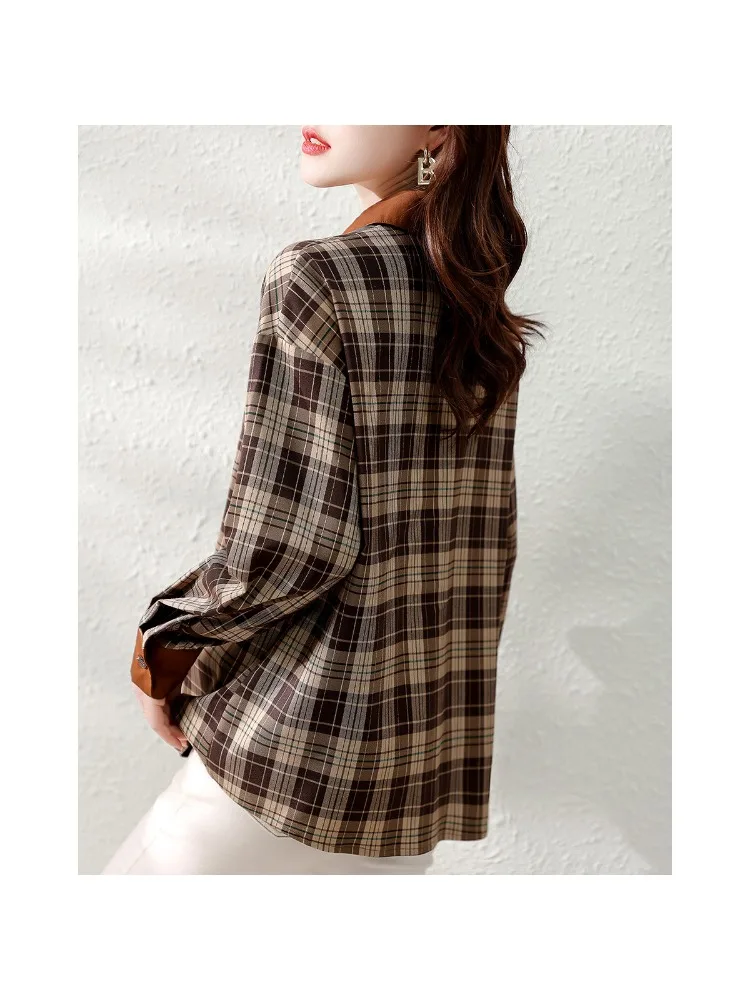 Autumn 2022 new autumn checkered patchwork contrasting loose classic plaid long sleeved versatile shirt women tops